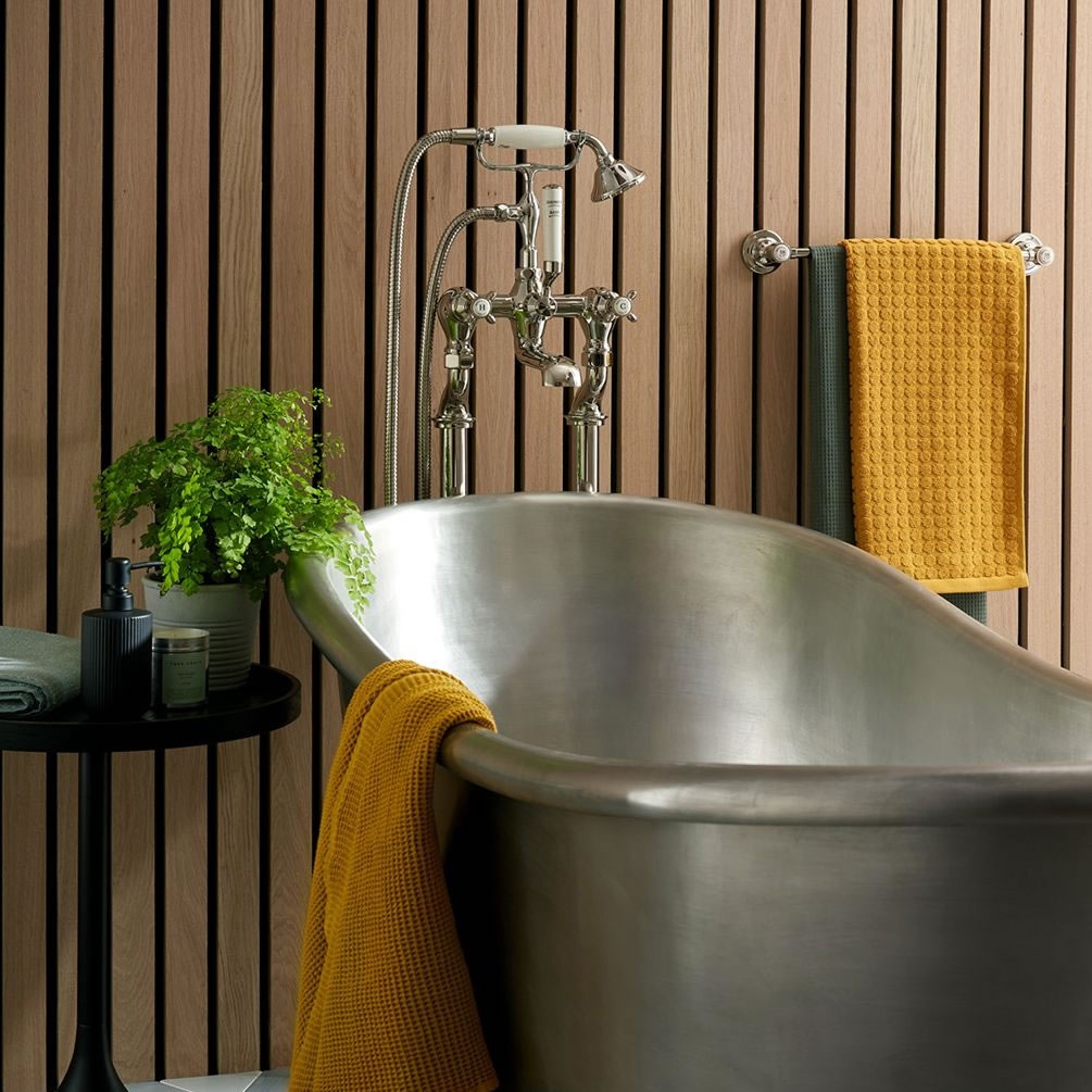 Lifestyle image of Booth & Co. Axbridge Cross Nickel Freestanding Bath Shower Mixer